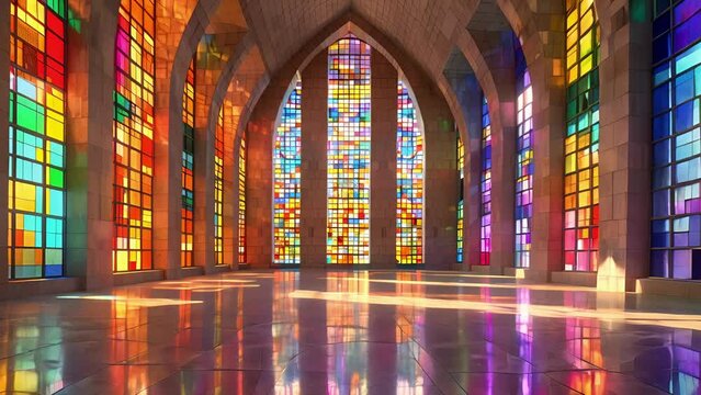 The focal point of this image is a stunning stained glass window in a prestigious universitys main hall. The intricate colorful designs and perfect symmetry showcase the institutions