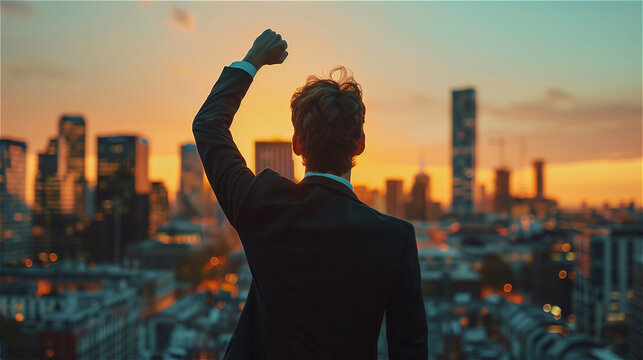Back view of a businessman raising his hand to the sky with city background