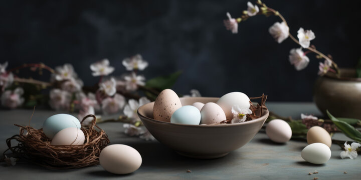 Easter eggs in a bowl and spring  flowers on a dark background. Easter composition, still life. Happy Easter concept