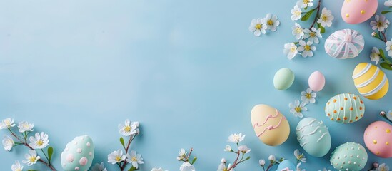 Composition of Easter eggs and flowers on a pastel blue background with a blank paper, showcased in a flat lay style with a top view and space for text.