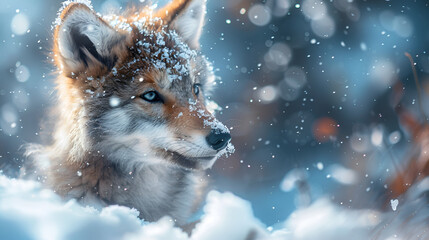 Cute wolf babypuppy playing in Australian Shepherd puppy playing in the snow Cross Fox Little husky puppy in winter park Portrait of dog standing on snow covered field,Poland, Generative Ai - obrazy, fototapety, plakaty
