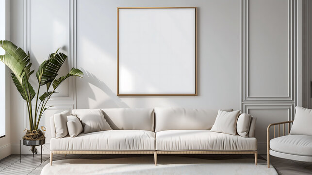 Blank poster frame mockup with minimalist sofa interior