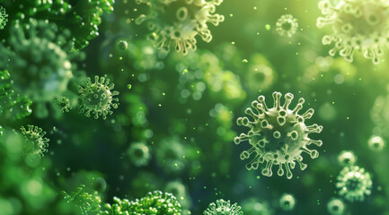 Digital illustration of viruses in green hues, suggesting a microscopic view of a viral infection
