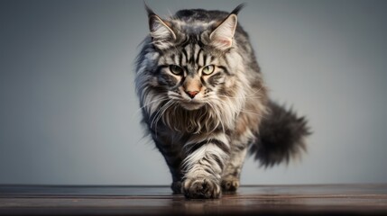 A cat with long hair is walking on a wooden table