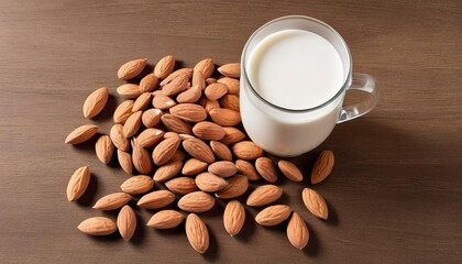 almond nut and milk on table top down