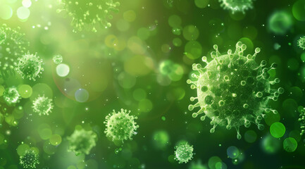 Obraz premium Close-up representation of pathogens with a focus on a single virus particle in a green environment