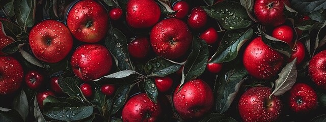 fresh ripe red apples with leaves in closeup top view showing bright and fragrant apples with water drops pattern