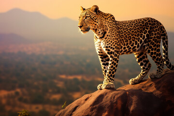 A leopard confidently standing on a massive rock in its natural habitat