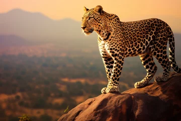 Fotobehang A leopard confidently standing on a massive rock in its natural habitat © MastersedZ