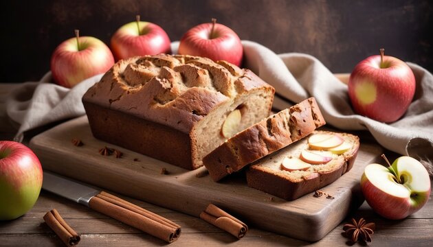 Apple bread rustic style with freshy picked apples and cinnamon, fall baking concept