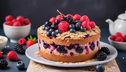Berry cake with oats served with fresh berries