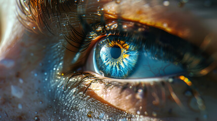 Human blue eye realistic beautiful closeup zoom Blue Eye Macroc Close-up of young adult woman eye opening, Generative Ai