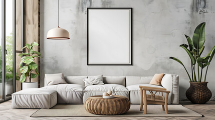Fototapeta na wymiar Blank poster frame mockup with minimalist sofa interior