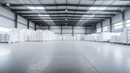 Hangar warehouse with big white polyethylene bags of industrial and logistics companies 