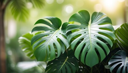 Blur green leaves pattern for summer or spring season concept,leaf of monstera with bokeh textured background