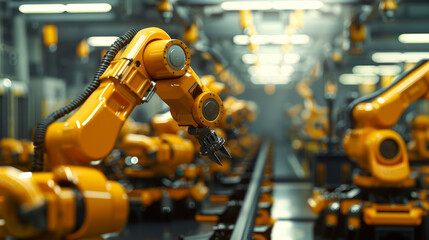 Robotic arms in a factory setting are seen actively moving along a conveyor belt as part of automated production processes