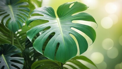 Blur green leaves pattern for summer or spring season concept,leaf of monstera with bokeh textured background