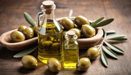 bottle of olive oil and fresh olive in a container on wooden table - obrazy, fototapety, plakaty