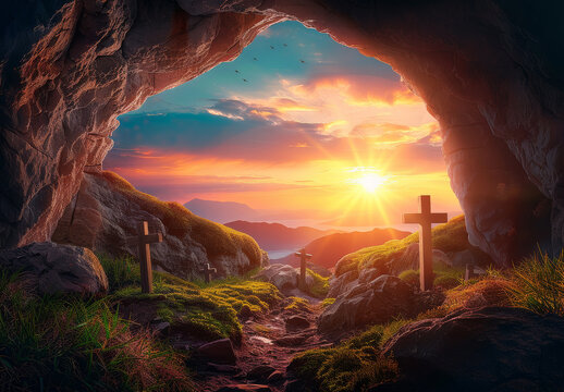 A cross is placed in the middle of a cave, casting a shadow on the rocky walls