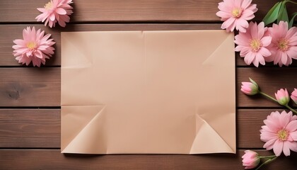 brown paper and pink flowers on wooden background