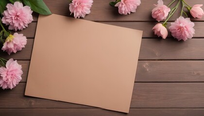 brown paper and pink flowers on wooden background