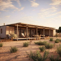 Fototapeta premium Rustic Adobe House in a Tranquil Rural Setting Against a Vibrant Sunset Sky