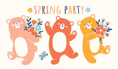 Funny spring party with colorful bears and bouquets of flowers. Naive fun doodle vector print for t shirt, sleepwear. Pajama party design. Little cute cubs doing funny things.