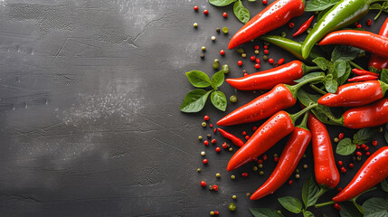 A stack of vibrant red peppers topped with fresh green leaves