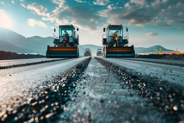 Asphalt road roller working on a new road construction site at sunset