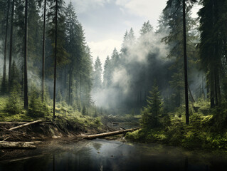 cutting down the forest in the morning , created with Generative AI technology