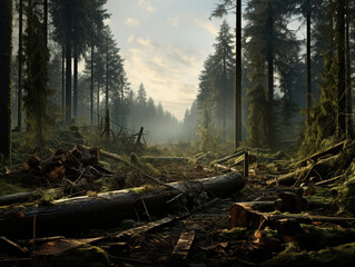 cutting down the forest in the morning , created with Generative AI technology
