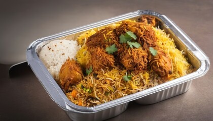 chicken biryani meal in a take away box on table