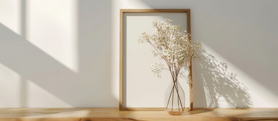 Mockup of a wooden frame in a landscape orientation, featuring space to display artwork, photos, or prints. The setup includes a white wall backdrop and a vase adorned with dried gypsophila flowers. - obrazy, fototapety, plakaty