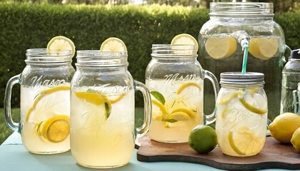 Citrus lemonade in mason jars with a beverage dispenser