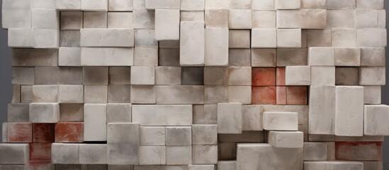 A visually striking sculpture composed of numerous white and red blocks designed in an intricate manner