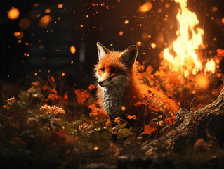 fox during a forest fire, fire, disaster, nature, created with Generative AI technology