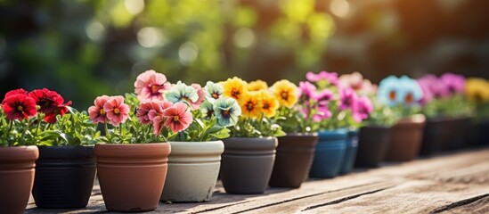 Fototapeta premium A line of houseplants in flowerpots adorns the wooden table, showcasing various flowering plants with colorful petals, creating a beautiful indoor landscape