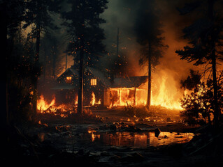 burning house in the forest, fire, disaster, nature, created with Generative AI technology