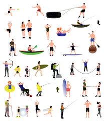 Fototapeta na wymiar Collection of summer active people. Recreation, relaxing, playing, enjoying, hobby, outdoor sports vector illustration