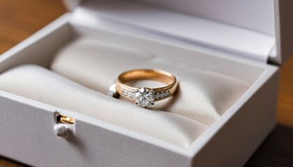 close up wedding ring in a box on table