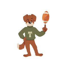 Terrier dog college football talisman in jumper with letter T spins ball on finger