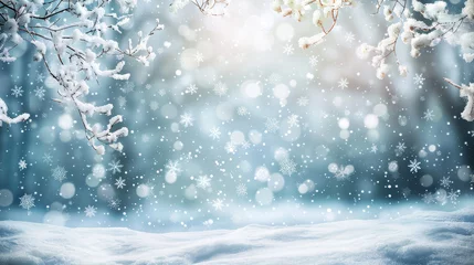 Foto op Plexiglas Snow flakes fall in a winter scene with trees © MastersedZ
