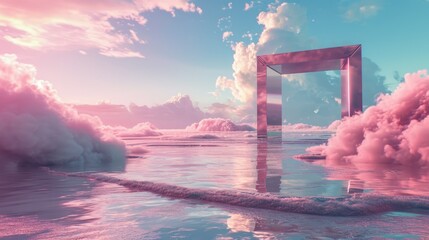 A metallic pink square portal in the middle of the clear river that connected to the ocean that surrounded with a pile of the pink sand and pink desert under the cloudy sky in the sunny day. AIGX03.