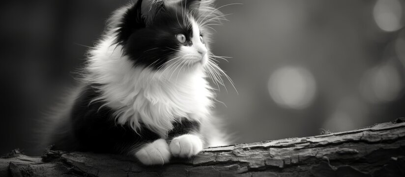 A blackandwhite photo captures a fluffy cat, a carnivorous terrestrial animal from the Felidae family, with whiskers and fur, sitting on a tree branch in monochrome photography