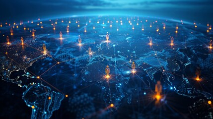 Fototapeta premium Glowing digital avatars on a world connectivity map.