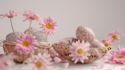 Fototapeta na wymiar Multicolored painted Easter eggs in a wicker basket surrounded by daisies or pink spring flowers isolated on white background