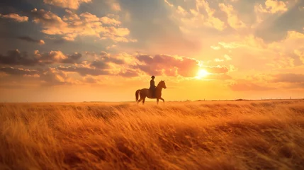 Stof per meter Boundless expanse field at a beautiful sunset with a rider on a horse on the horizon. The beauty of nature and the spiritual unity of man and animal. © Daria Lukoiko
