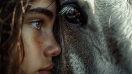 A little girl seeks support from her favorite animal. The child touches the horse and looks into its eyes, establishing a psychological connection to improve mental health