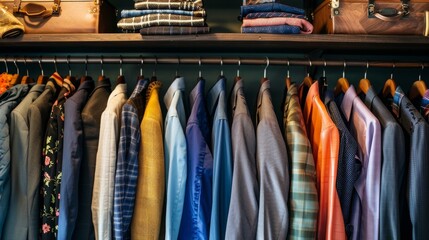 Colorful variety of tailored suits and shirts displayed on hangers in a boutique with a vintage luggage accent