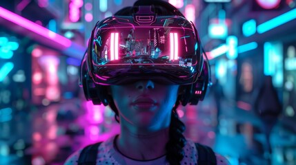 Woman with futuristic VR headset illuminated by neon cityscape reflections, absorbed in cyber world - obrazy, fototapety, plakaty